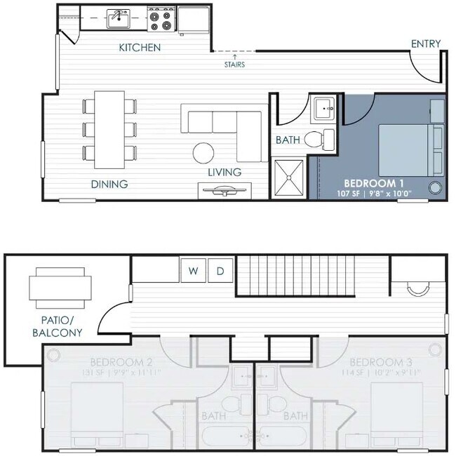 3-Bedroom CoLiving Rowhome: Bedroom 1 & Shared ... 202-1 floor plan