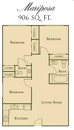 2 Beds, 1.5 Baths Model floor plan