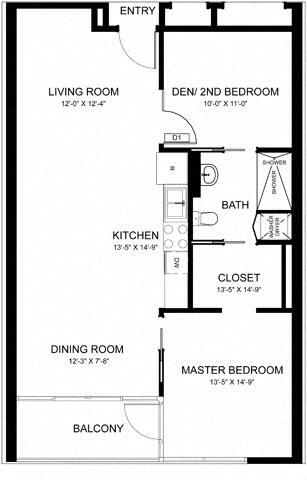 2 Bed 1 Bath 202 floor plan