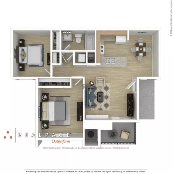 2BR/1BA floor plan