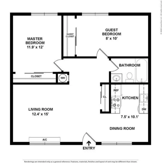 2BR/1BA floor plan