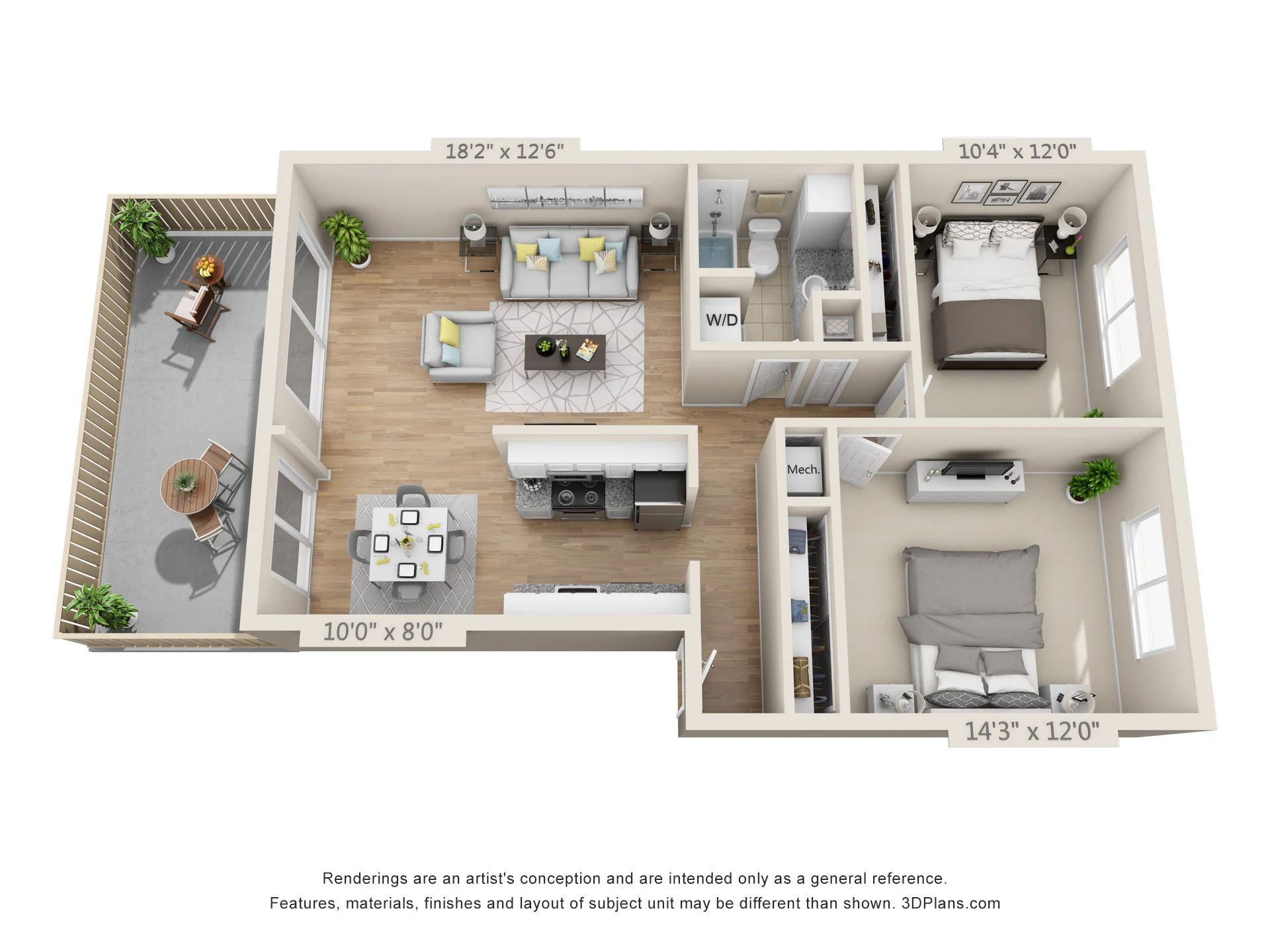 Two Bedroom-One Bathroom D 110 110 floor plan