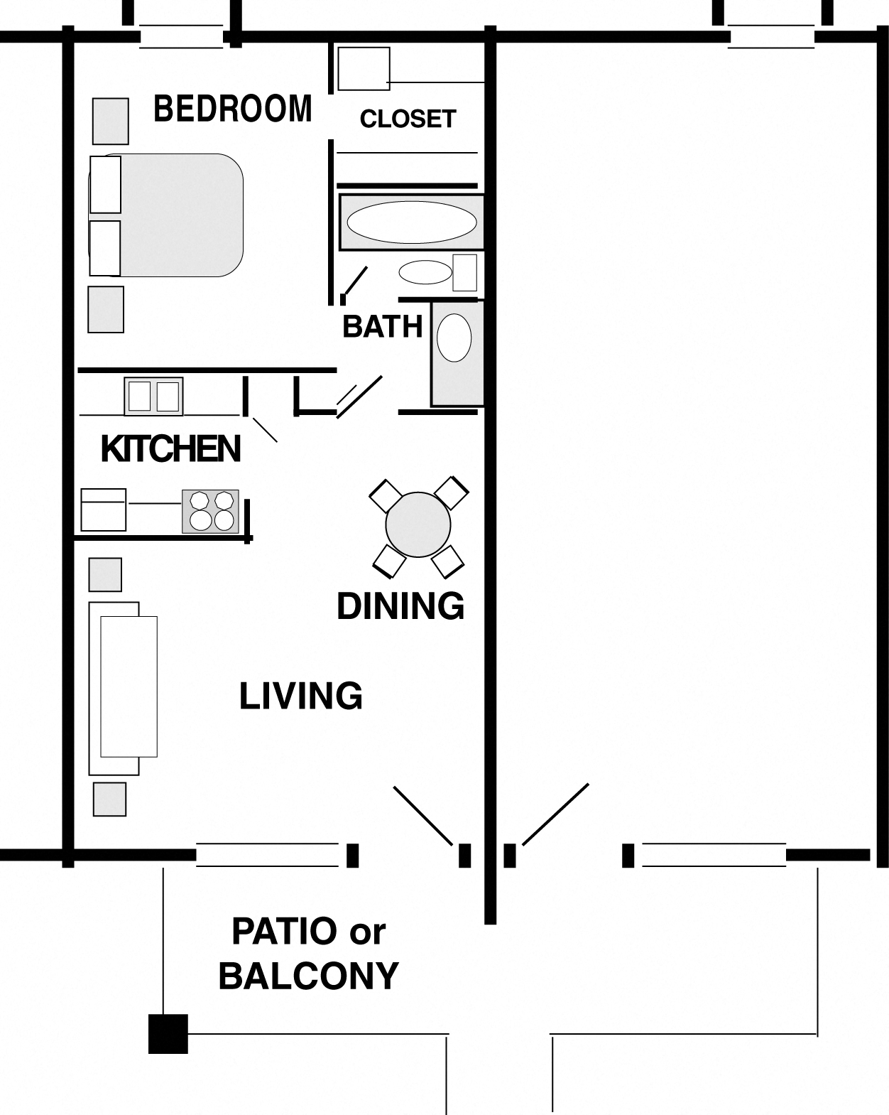 1 bedroom, 1 bath 224 224 floor plan