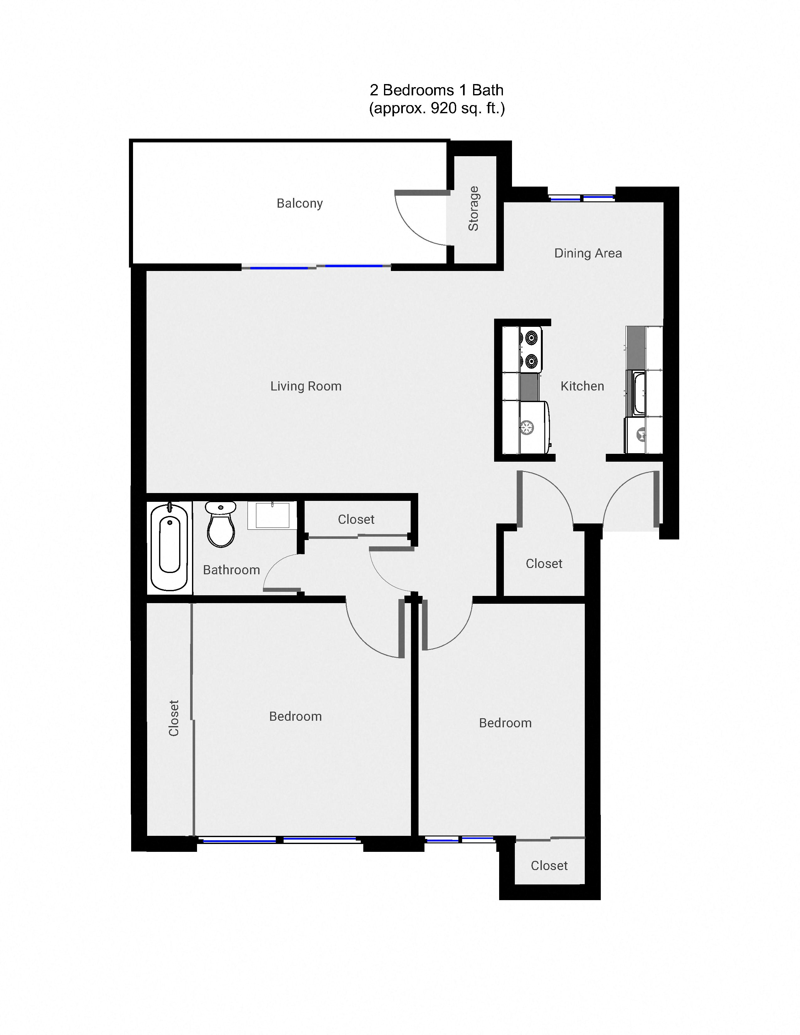 2-Bed, 1-Bath 11 11 floor plan