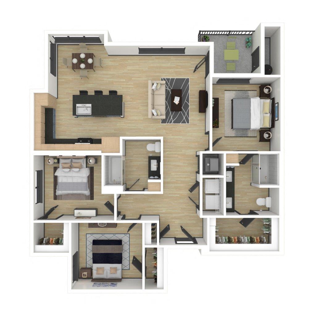 C1: 3 Bed 2 Bath 1244 1244 floor plan