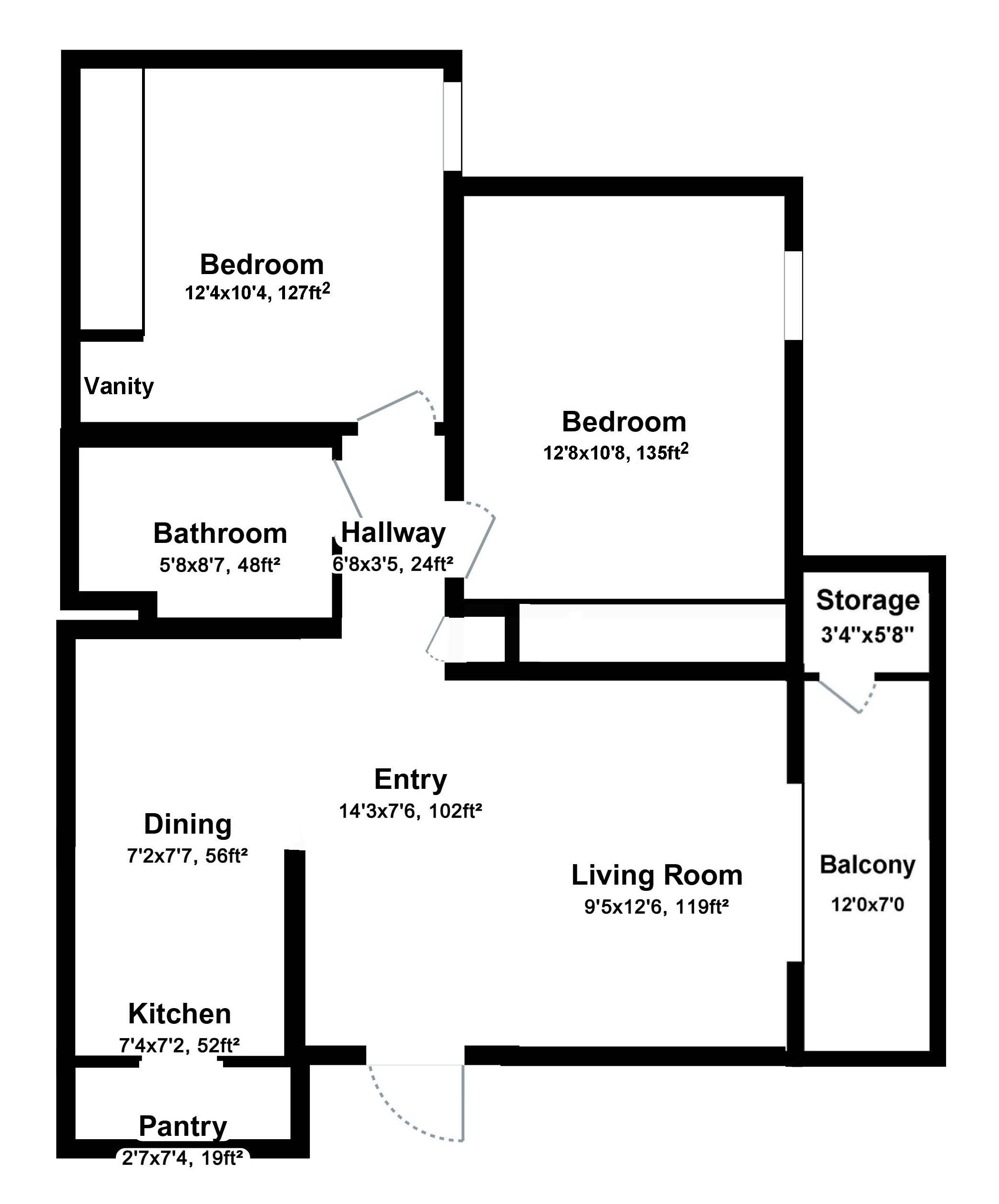 2 Bed 1 Bath 188 188 floor plan
