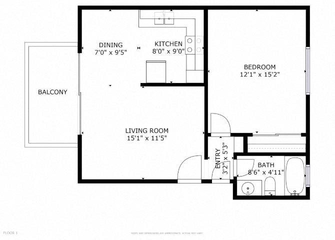 1 Bedroom 1 Bath 11 11 floor plan