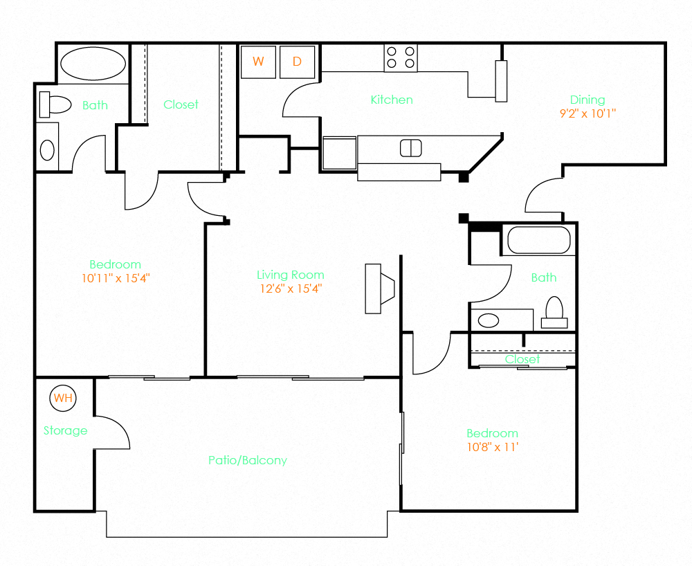 2 Bed 2 Bath B 1412 1412 floor plan