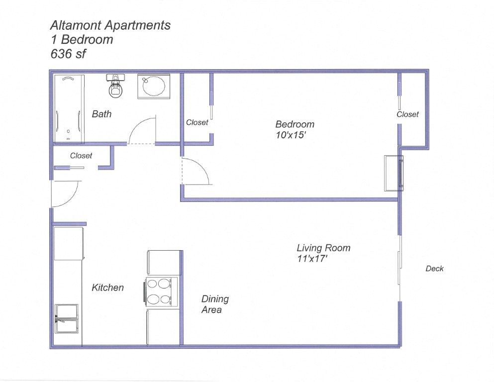 1 Bed, 1 Bath (Floors 1 - 2) 225 225 floor plan