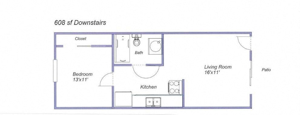 1 Bed, 1 Bath - Downstairs 675 675 floor plan