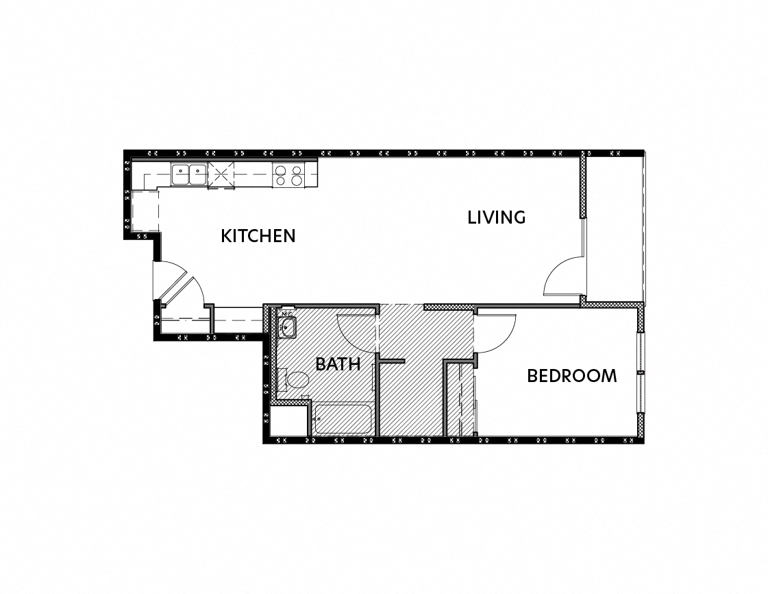 1B: 1 Bed 1 Bath 490 SF 108 108 floor plan