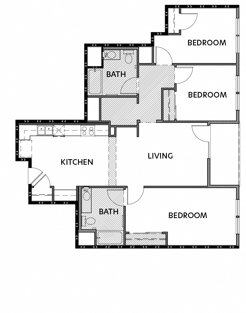 3A: 3 Bed 2 Bath 980 SF 111 111 floor plan