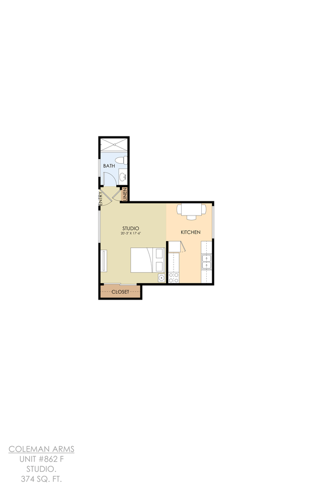 Studio Apartment One Bathroom 862F 862F floor plan