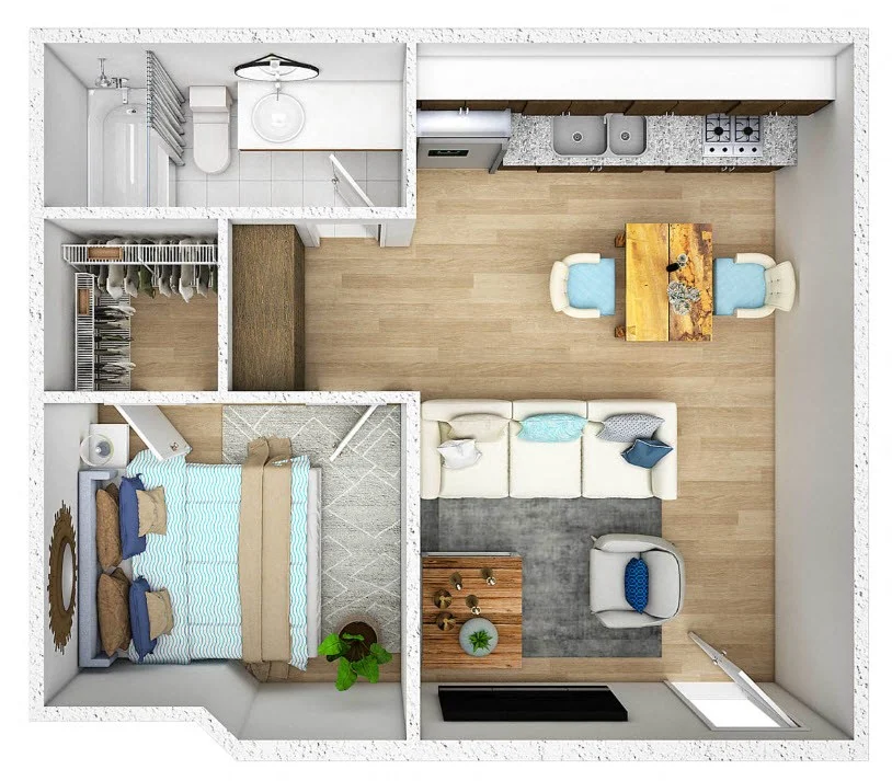 1 Bedroom 1 Bath 401 220 floor plan