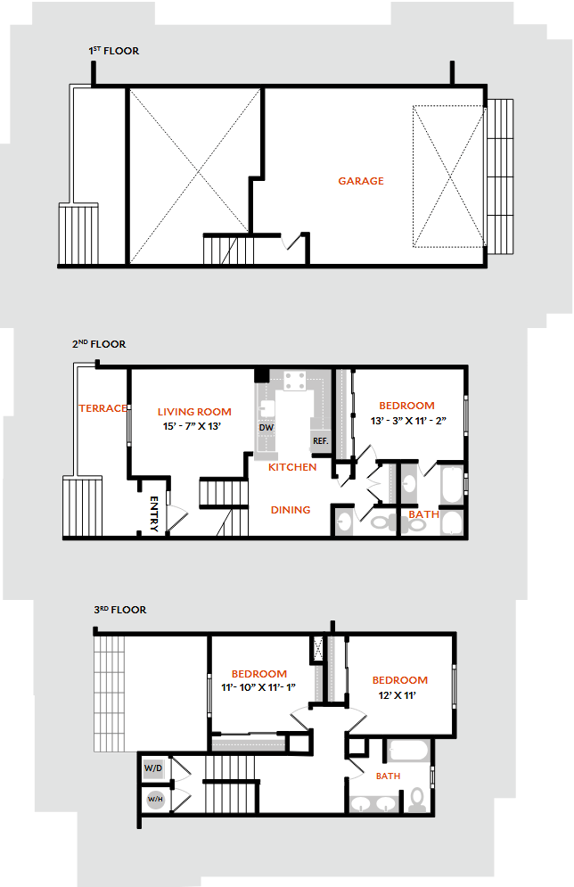 Three Bedroom Two Bathroom Townhouse 1088-103 1088-103 floor plan